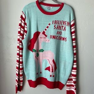Women's Unicorn Christmas Sweater - Red Mint Pink Graphic Stripes Cute Size L